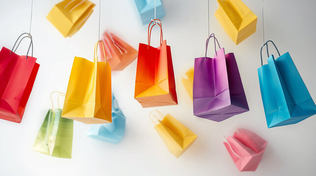 colored shopping bags floating in the air on a white background