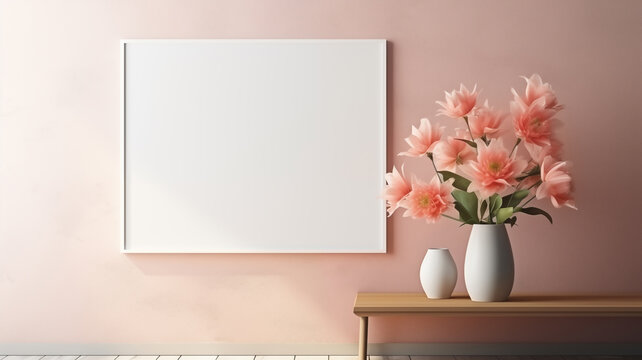 empty photo frame on the wall with vase, flowers and table
