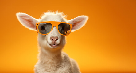 Little white baby goat with sunglasses, isolated on orange color background