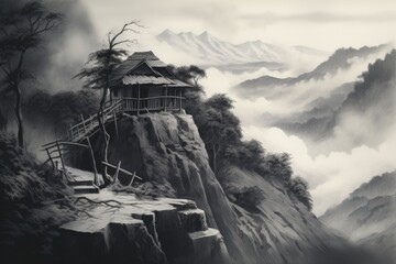 a wooden hut on the cliff with mountain background.