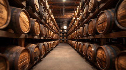 Oak barrels in a underground wine cellar