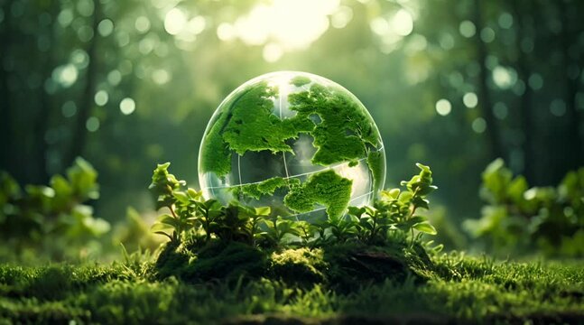 Earth globe in nature with grass green energy and ecological environmental concept Generative AI