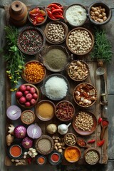 Obraz na płótnie Canvas Variety of spices and herbs on rustic background, top view