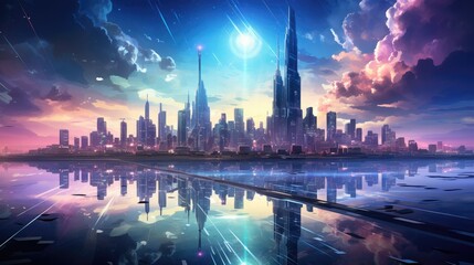 Obraz premium Futuristic city on the background of the night sky and the sun