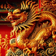 Obraz premium 2024 Chinese New Year Banner: Abstract Art with Oriental Dragon and folding paper fans on red background. Lunar New Year Celebration Card Design