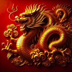 2024 Chinese New Year Banner: Abstract Art with Oriental Dragon and folding paper fans on red background. Lunar New Year Celebration Card Design