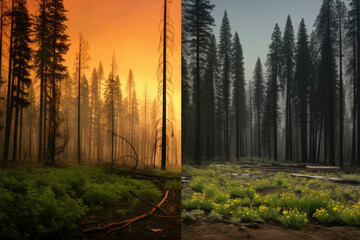 Comparable of forest with fire, environment concept.	
 - obrazy, fototapety, plakaty