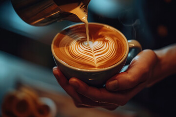 Barista creates latte art in coffee cup at urban cafe. Coffee culture and craftsmanship.