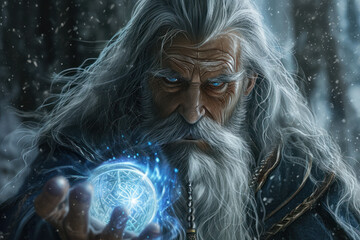 Wizard character wielding magical power in snowy enchanted forest. Fantasy and magic.