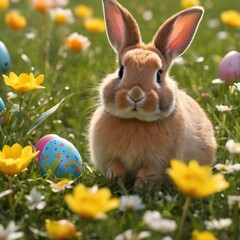 Easter bunnies on a sunny flower meadow with colorful eggs