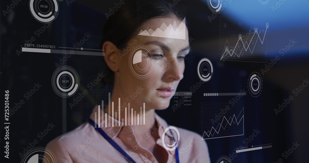 Poster image of graphs and processing circles over caucasian woman working in server room