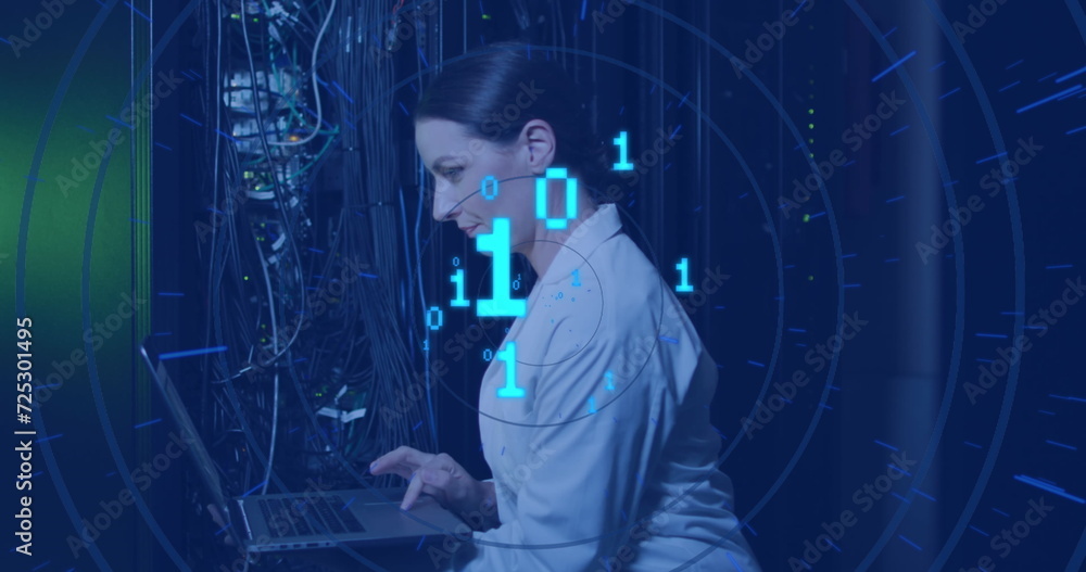 Poster image of binary code over caucasian woman checking servers
