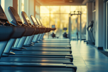 Modern gym interior with row of treadmills for fitness workout. Health and fitness.