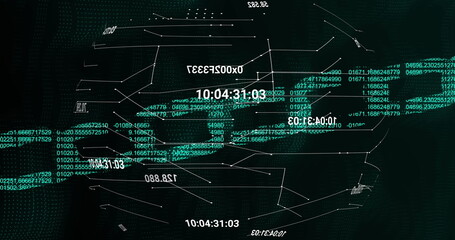 Image of numbers and block chain on black background