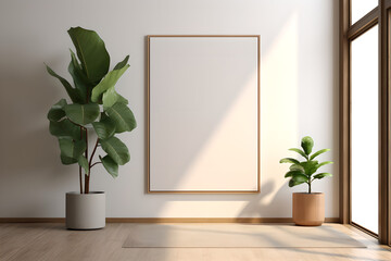 blank poster frame mockup on white wall living room with two green plants in sides , plants in vase  ,wooden floor - obrazy, fototapety, plakaty