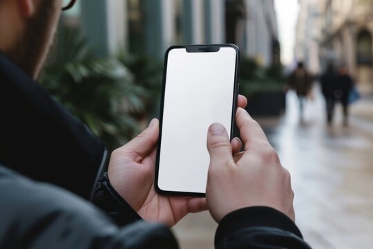 Mockup image of a man's hands holding a smartphone with a white screen in the street