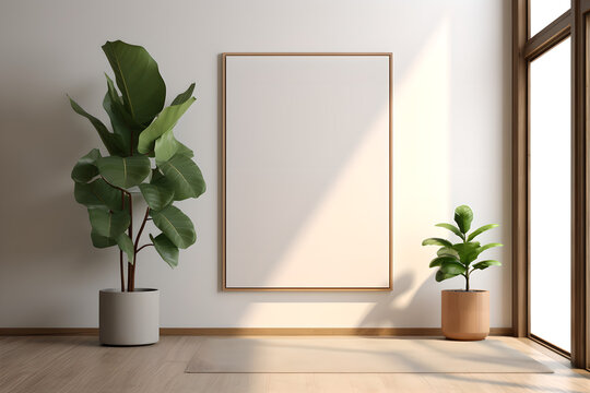 blank poster frame mockup on white wall living room with two green plants in sides , plants in vase  ,wooden floor