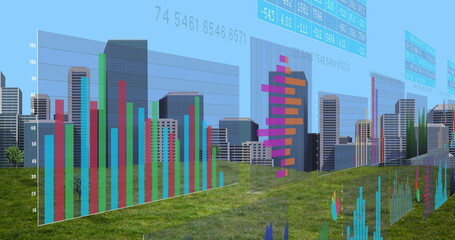 Image of financial data processing over cityscape