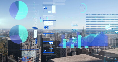 Image of financial data processing over cityscape