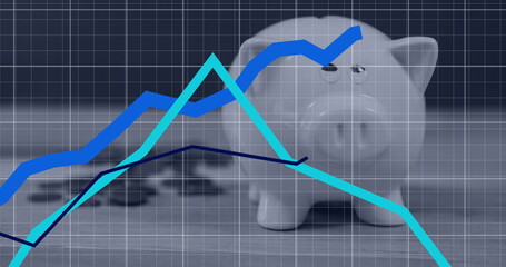 Fototapeta premium Image of financial data processing over piggybank and coins