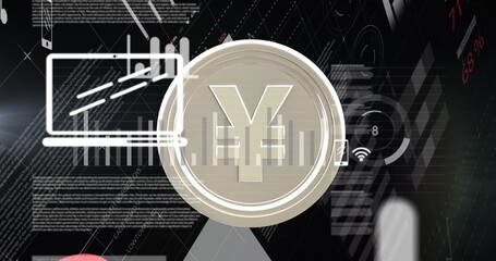 Image of financial data processing over silver yen coin