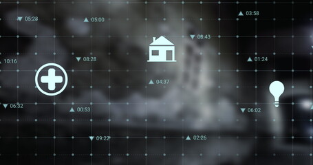 Image of financial data processing over property and eco icons