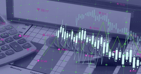 Image of financial data processing over calculator, file and coins