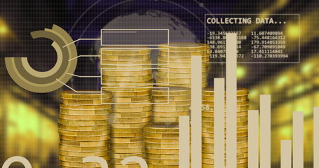 Image of financial data processing over gold coins