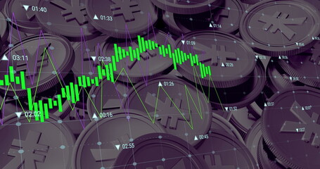 Image of financial data processing over japanese yen coins