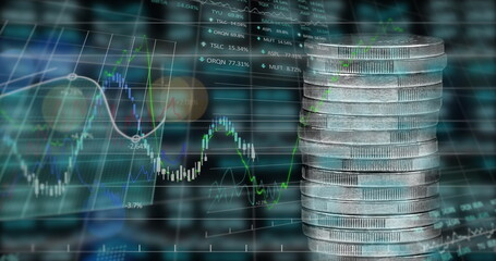 Image of financial data processing over stack of silver coins