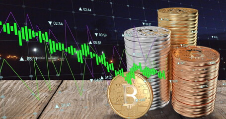 Image of financial data processing over stacks of bitcoins