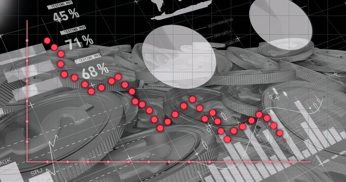 Image of financial data processing over silver coins