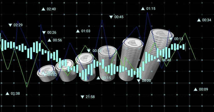 Image of financial data processing over silver coins