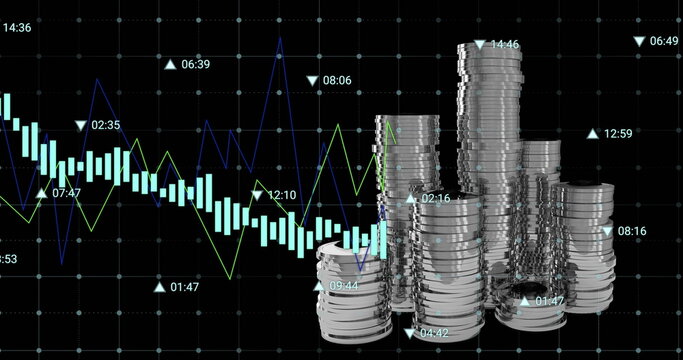 Image of financial data processing over silver coins