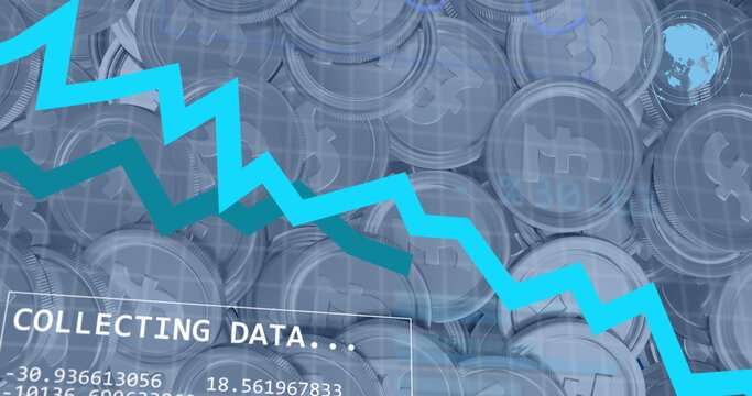Image of financial data processing over silver pound coins