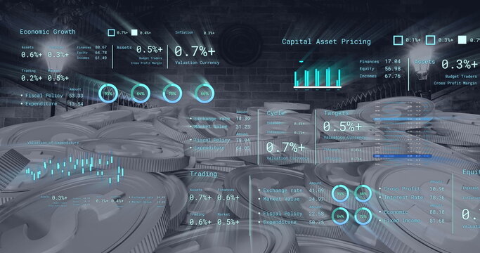 Image of financial data processing over silver american dollar coins