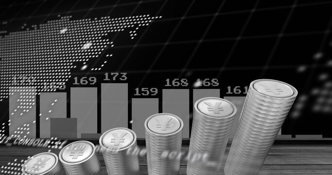 Image of financial data processing over stacks of silver yen coins