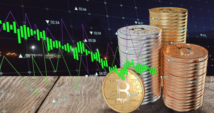 Image of financial data processing over stacks of bitcoins