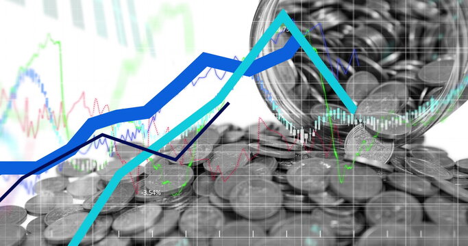 Image of financial data processing over jar with silver coins - Powered by Adobe