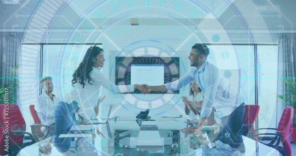 Poster image of interface showing circular scope with business people shaking hands at a meeting