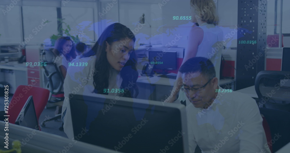 Aufkleber image of interface with moving numbers and information with business people working in office