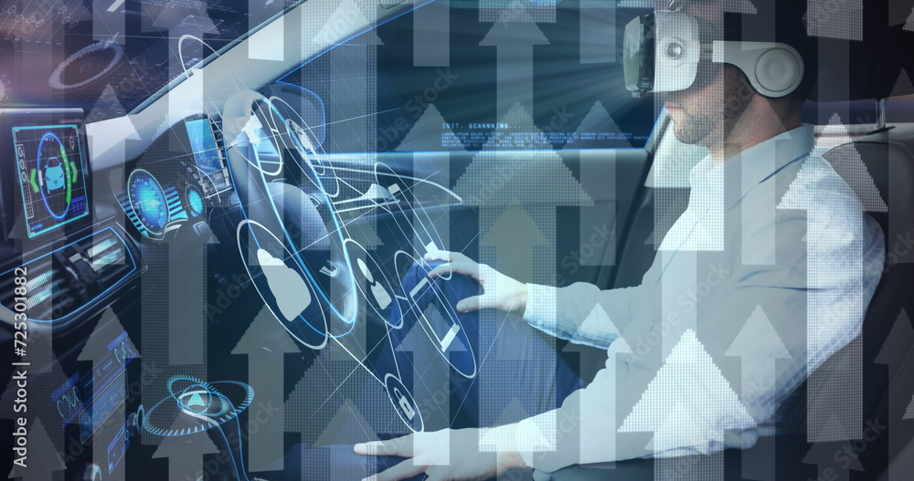 Poster image of information displays and arrows with man in vr headset using self driving car