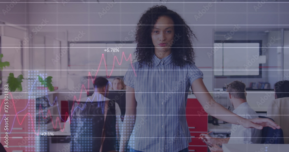Poster image of interface showing graphs and information with businesswoman and colleagues in office