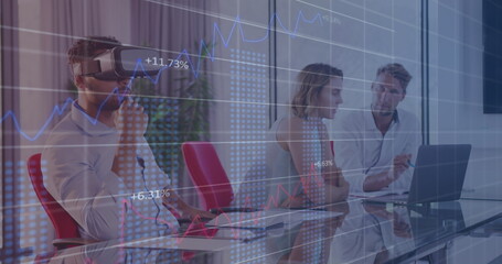 Financial data processing against man wearing vr headset at office