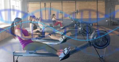 Image of dna strands over diverse women training on rowing machines at gym