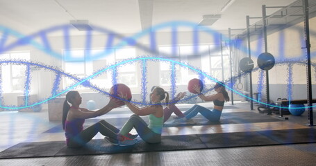 Image of dna strands over diverse women cross training in pairs with medicine balls at gym - Powered by Adobe