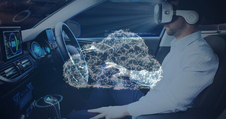 Image of a cloud of network connections with man in vr headset using self driving car