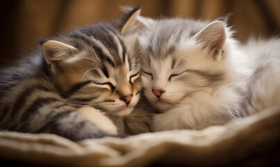 Two small domestic kittens sleeping together at home lying on bed white blanket