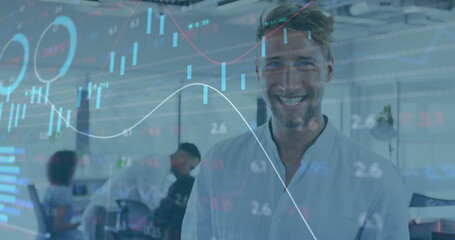 Image of interface with statistics and information with smiling businessman in office