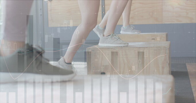Image of data on interface over legs of diverse women jumping on boxes, cross training at gym